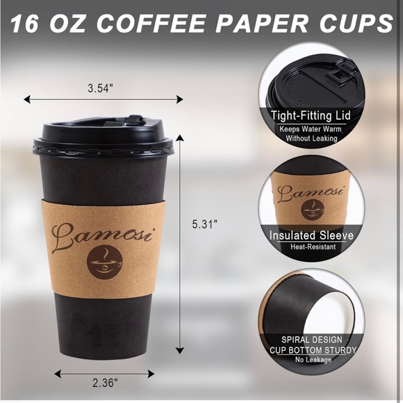 16OZ 50 Pack Coffee Cups, 16 Ounce To Go Cups with Lids, Stir Sticks and Sleeve - Picture 2 of 7